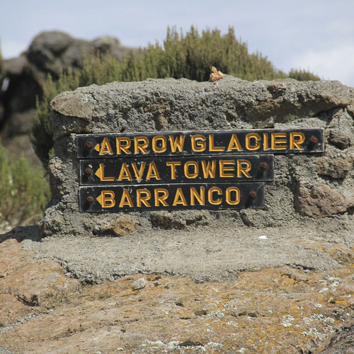 Sign board on Mount Kilimanjaro pointing at Arrow Glacier, Lava Tower, and Barranco