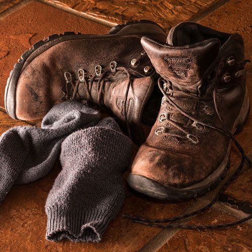 Hiking boots and socks for climbing mountains in Tanzania