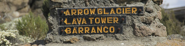 Sign board on Mount Kilimanjaro pointing at Arrow Glacier, Lava Tower, and Barranco